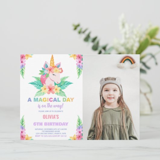 カラーフローラユニコーン誕生日招待状写真 招待状 (スタンド正面)