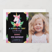 カラーフローラユニコーン誕生日招待状写真 招待状 (正面/裏面)