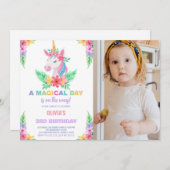 カラーフローラユニコーン誕生日招待状（写真あり） 招待状 (正面/裏面)