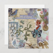 カラーブルー淡い色のフローラ誕生日フラットグリーティングカード (正面/裏面)