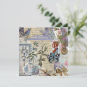 カラーブルー淡い色のフローラ誕生日フラットグリーティングカード (スタンド正面)