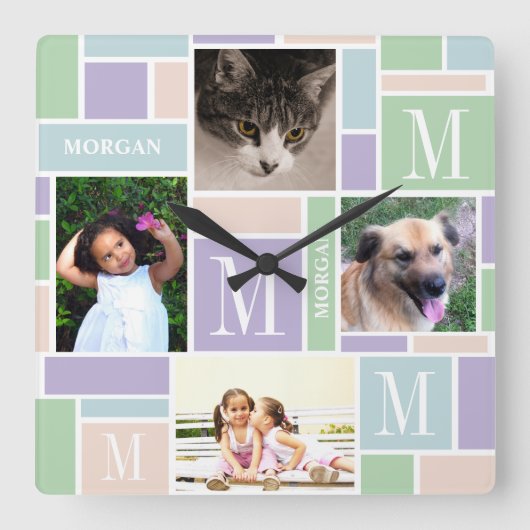 カラーブロックおもしろいパステシンプルルズモダン4フォト スクエア壁時計 (正面)