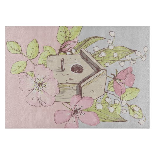 カラーブロックの花と鳥小屋 カッティングボード (正面)