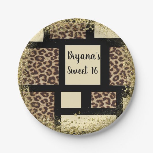 カラーブロッククリームアイボリーブラック&ヒョウのチーズ ペーパープレート (正面)