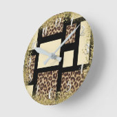 カラーブロッククリームアイボリーブラック&レオパードチータ ラウンド壁時計 (傾斜)