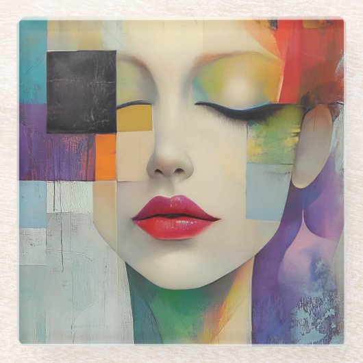 カラーブロックシュラレアリズムのポートレート ガラスコースター (正面)