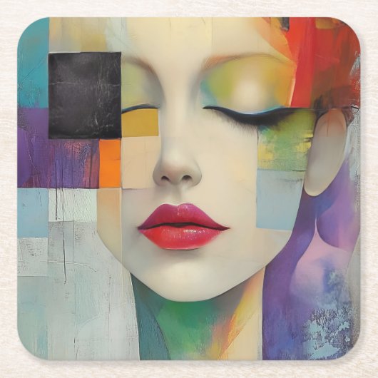 カラーブロックシュラレアリズムのポートレート スクエアペーパーコースター (正面)