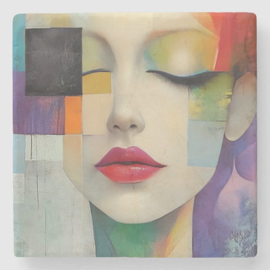 カラーブロックシュラレアリズムのポートレート ストーンコースター (正面)