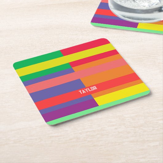 カラーブロックストライプモノグラム名レインボー スクエアペーパーコースター (アングル)