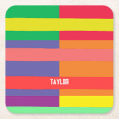 カラーブロックストライプモノグラム名レインボー スクエアペーパーコースター (正面)