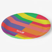カラーブロックストライプモノグラム名レインボー ペーパープレート (アングル)