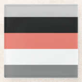 カラーブロックストライプ白黒コーラルピンクグレー ガラスコースター (正面)