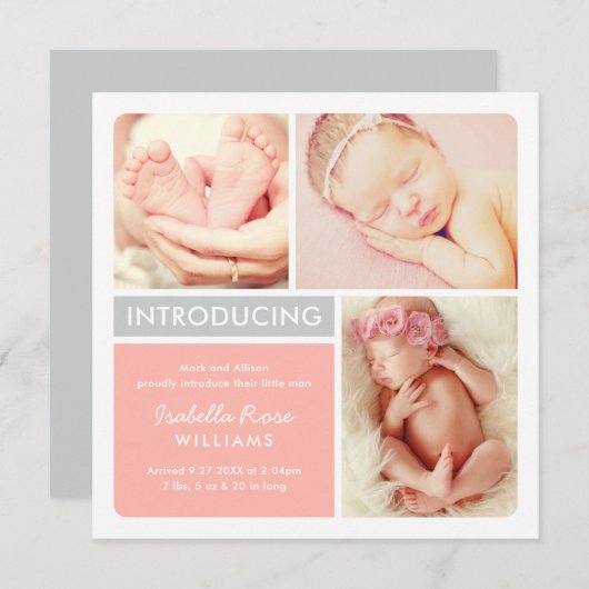 カラーブロックフォトコラージュ赤面ベビーガール誕生 案内状 (正面/裏面)
