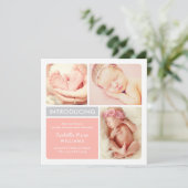 カラーブロックフォトコラージュ赤面ベビーガール誕生 案内状 (スタンド正面)