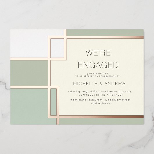 カラーブロックミッドセンチュリーモダン婚約 箔招待状 (正面)