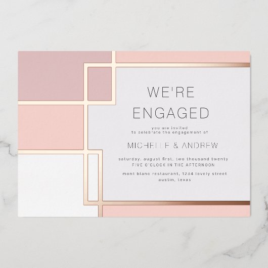 カラーブロックミッドセンチュリーモダン婚約 箔招待状 (正面)