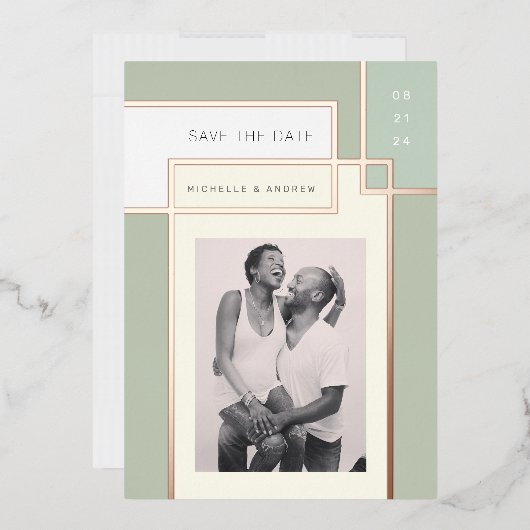 カラーブロックモダンミッドセンチュリー日付の保存 箔招待状 (封筒)