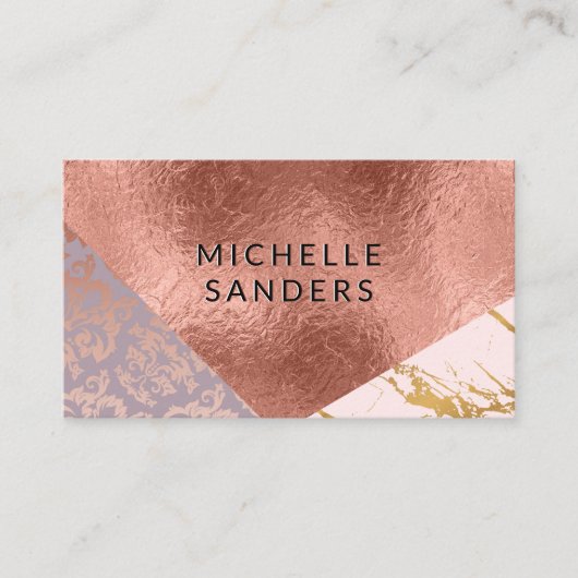 カラーブロック金ゴールド大理石ダマスクバラゴールドフォイル 名刺 (正面)