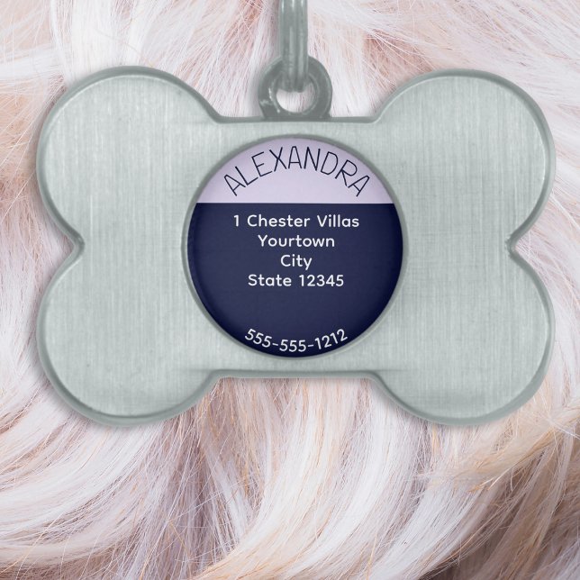 カラーブロック ネイビーブルー ライラック モダン シック エレガント ペットネームタグ (A pet tag with color block design in lilac and navy blue. Add your address, phone no. and pet's name)