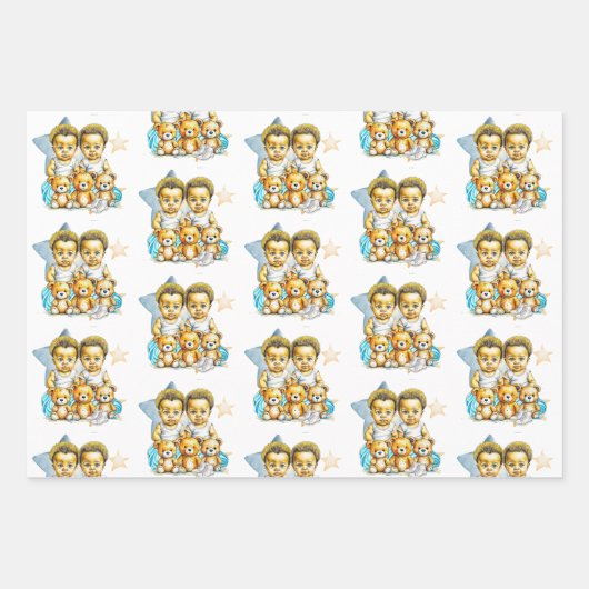 カラーベビーシャワーまたは新生児の双子のベビー ラッピングペーパーシート (正面)