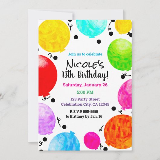 カラーポップ・アートのおもしろいパーティーバルーン誕生祝い 招待状 (正面)