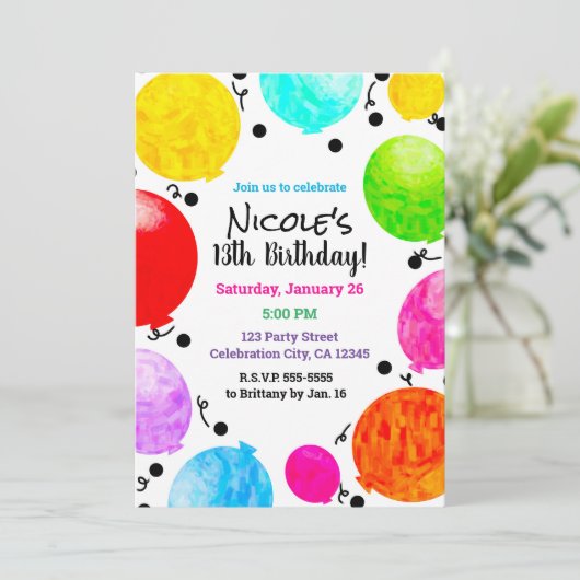 カラーポップ・アートのおもしろいパーティーバルーン誕生祝い 招待状 (スタンド正面)