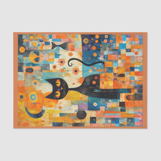 カラーモダンコラージュの上の世紀中頃の黒猫 薄葉紙 (正面)