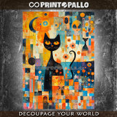 カラーモダンコラージュの上の世紀中頃の黒猫 薄葉紙