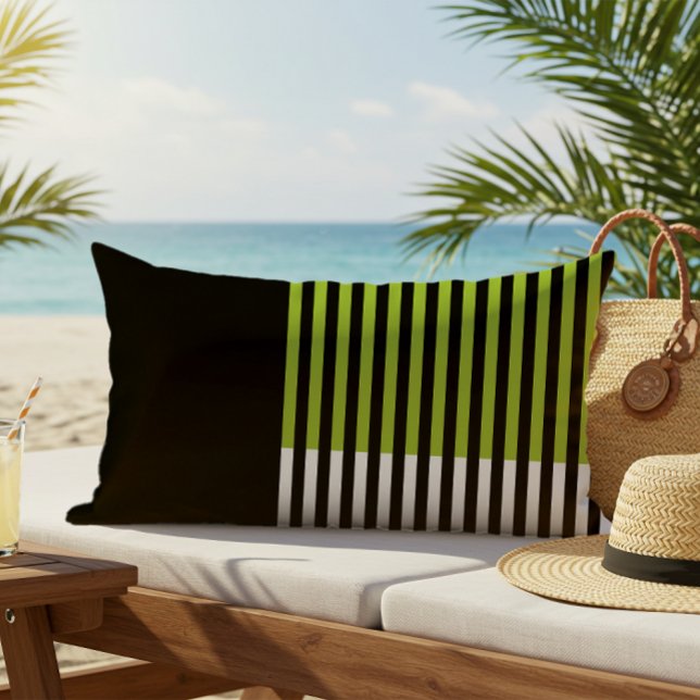カラーモダンブロックストライプのライムグリーン白黒 アウトドアクッション (クリエイターアップロード済み)