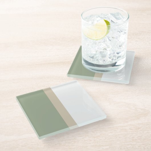 カラーモダンブロックセージ緑ベージュホワイト ガラスコースター (アングル)
