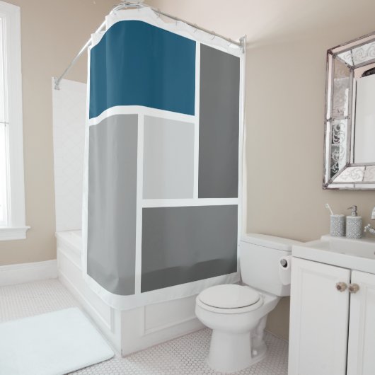 カラーモダンブロックモザイク海ブルーグレー白 シャワーカーテン (インサイチュ)