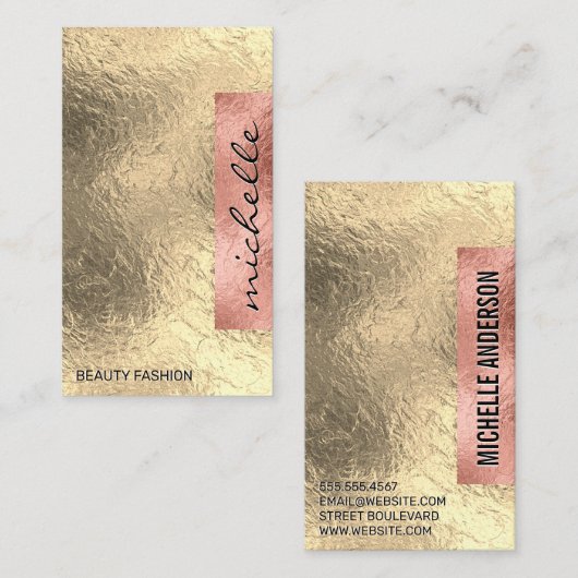 カラーモダンブロック | バラ金箔幾何学模様 名刺 (正面/裏面)