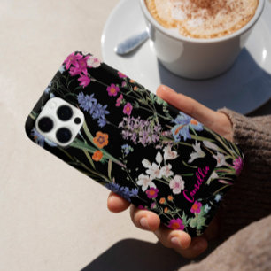 カラーモダン植物花柄ブラックカスタム iPhone 16 PROケース