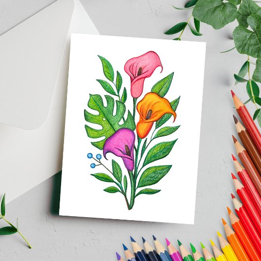 カラーリリーの花の絵色鉛筆 ポストカード