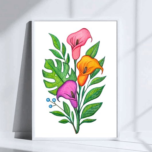 カラーリリーの花の色鉛筆画 ポスター