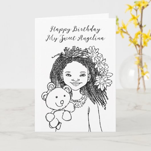 カラーリングページ誕生日 |アフリカ系アメリカ人漫画 カード (黄色い花)