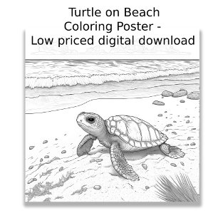 カラーリングページ – Turtle onビーチ、Color Your Own ポスター