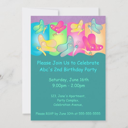 カラー付きの可愛い誕生日鮮やか写真 招待状 (裏面)