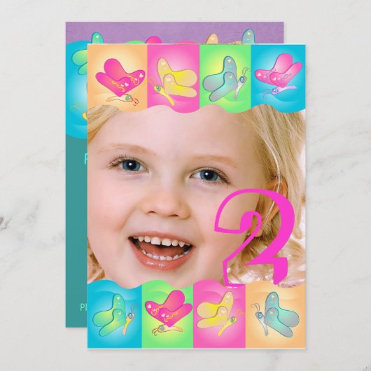 カラー付きの可愛い誕生日鮮やか写真 招待状 (正面/裏面)