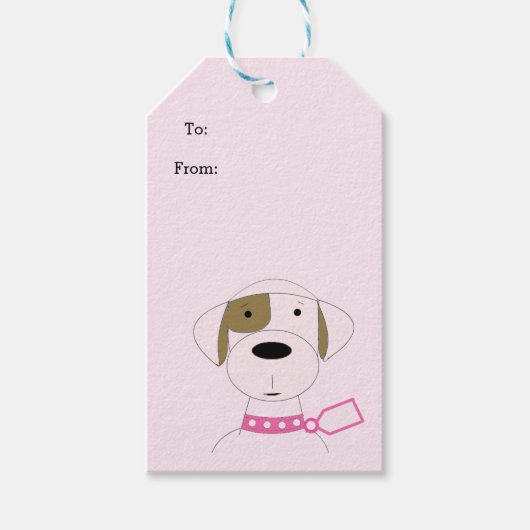 カラー付きピンクの漫画の犬 ギフトタグ (正面)