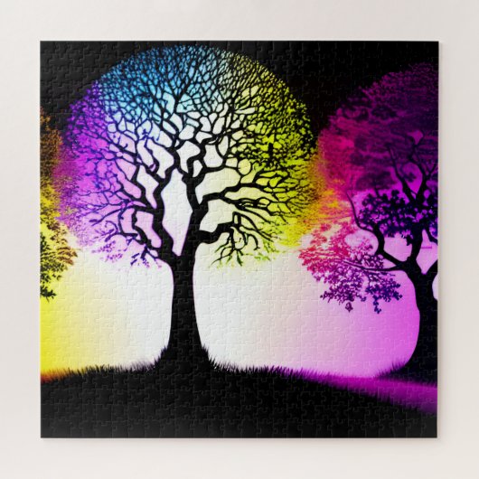 カラー付き黒いシルエット鮮やかツリー ジグソーパズル (横)