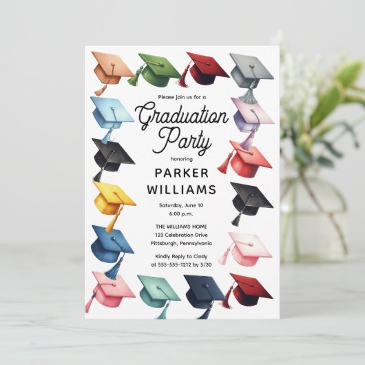 カラー数々のの卒業式CAP卒業式パーティー 招待状 (スタンド正面)