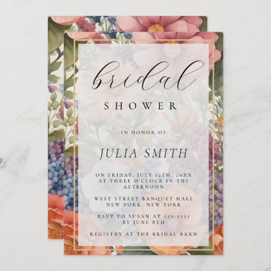 カラー数々のフローラブライダルシャワー招待 招待状 (正面/裏面)