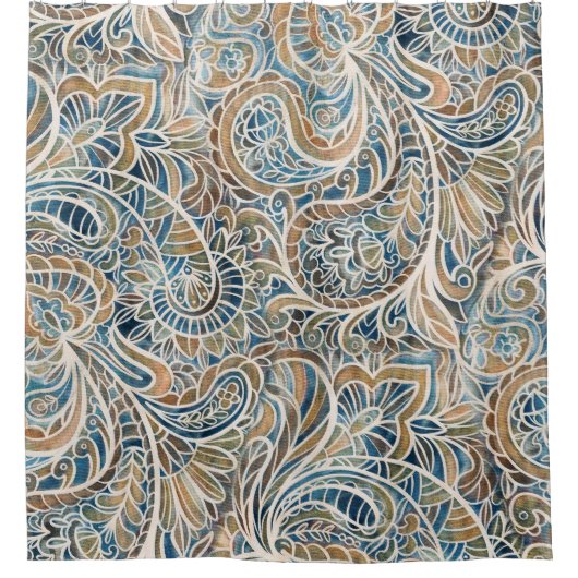 カラー数々のペイズリー手描きプリント シャワーカーテン (正面)