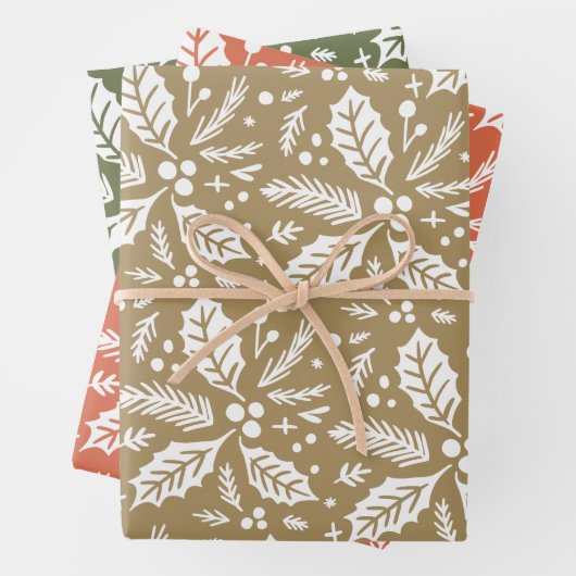 カラー数々の手描きホリーベリーパターン ラッピングペーパーシート (インサイチュ)