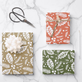 カラー数々の手描きホリーベリーパターン ラッピングペーパーシート