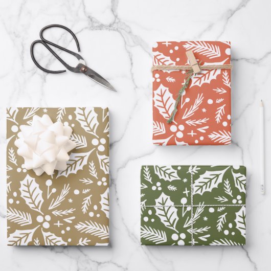 カラー数々の手描きホリーベリーパターン ラッピングペーパーシート (正面)