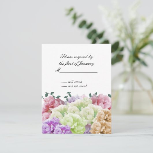 カラー数々の牡丹の返信カード 出欠カード (スタンド正面)