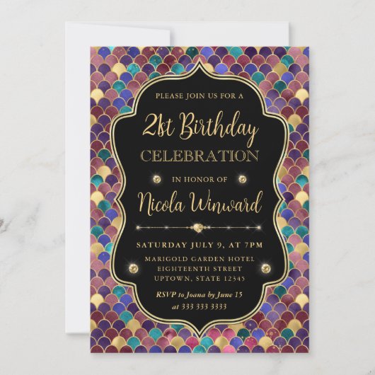 カラー数々の金ゴールドマーメイドフレはかりで測ーム誕生日 招待状 (正面)