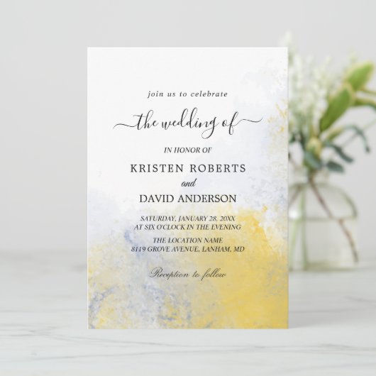 カラー洗浄イエローとブルーの結婚式招待状 招待状 (スタンド正面)